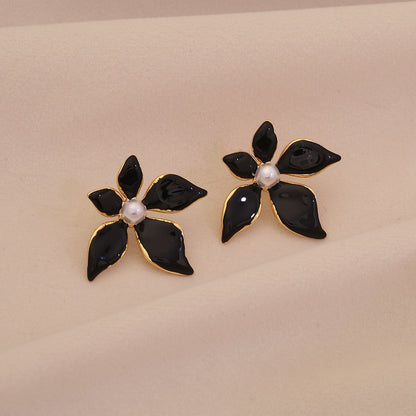 Enamel Flower & Pearl Stud Earrings