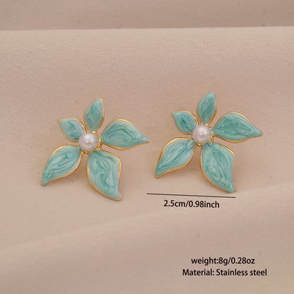 Enamel Flower & Pearl Stud Earrings