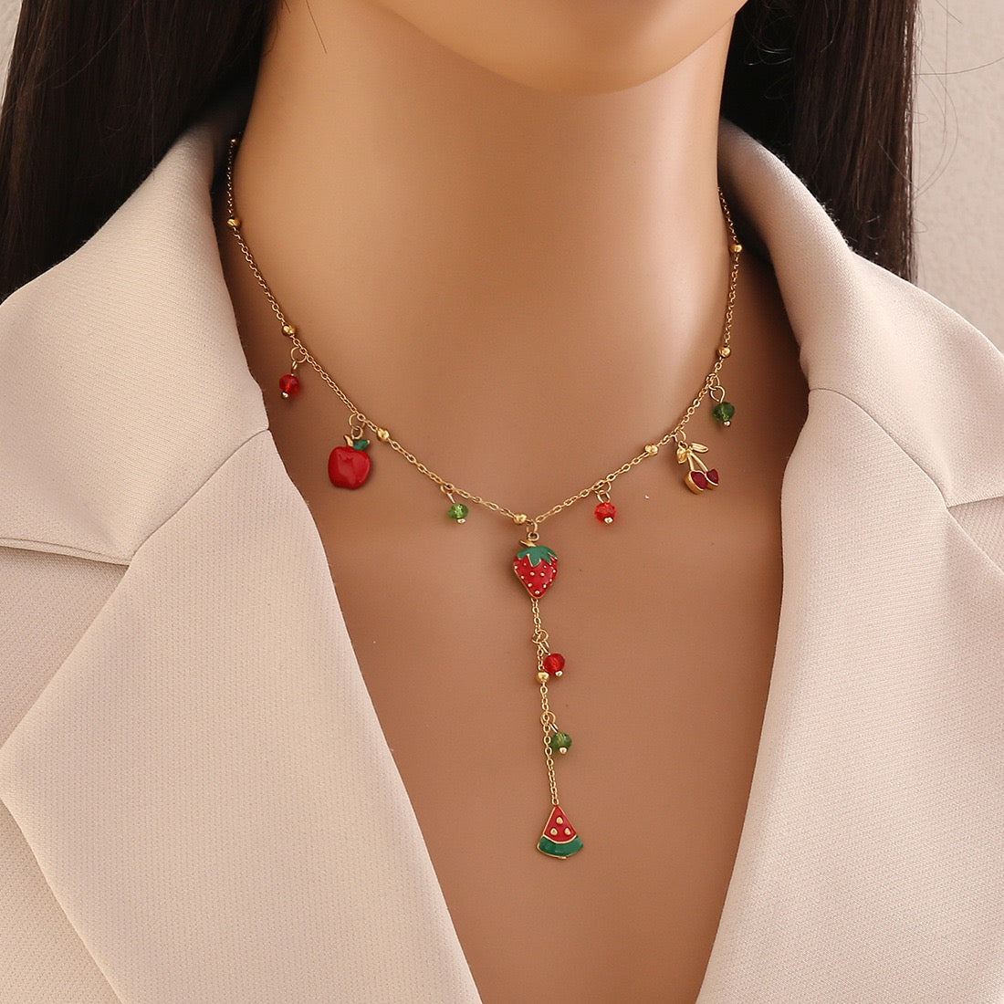 Cherry Crystal Heart Y Necklace