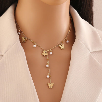 Pearl Flower Butterfly Y Necklace