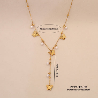 Pearl Flower Butterfly Y Necklace
