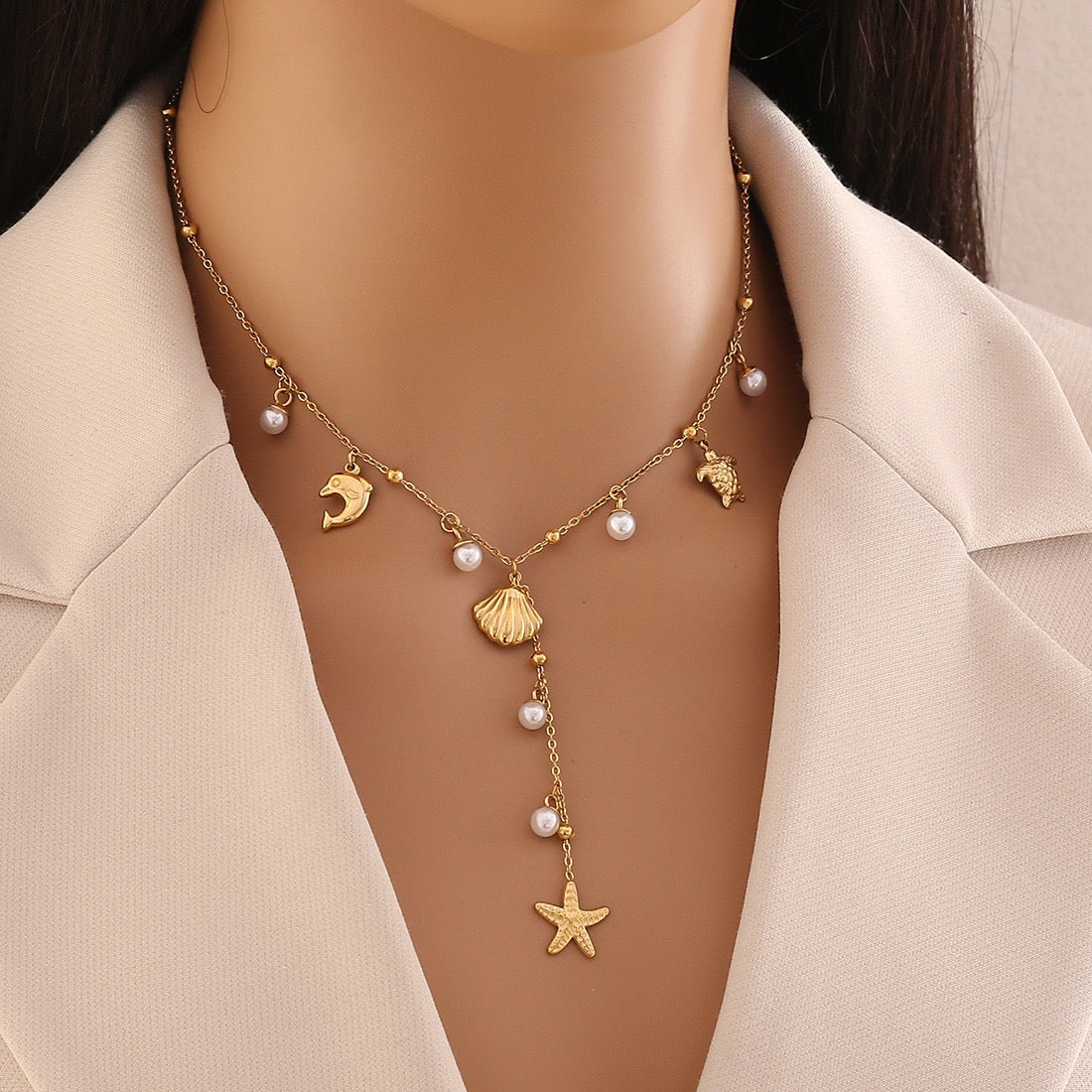 Starfish Shell Pearl Pendant Necklace