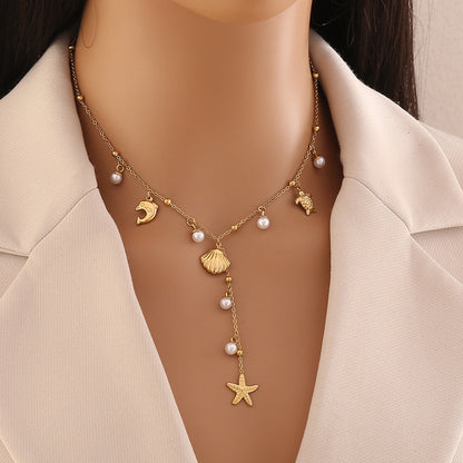 Starfish Shell Pearl Pendant Necklace