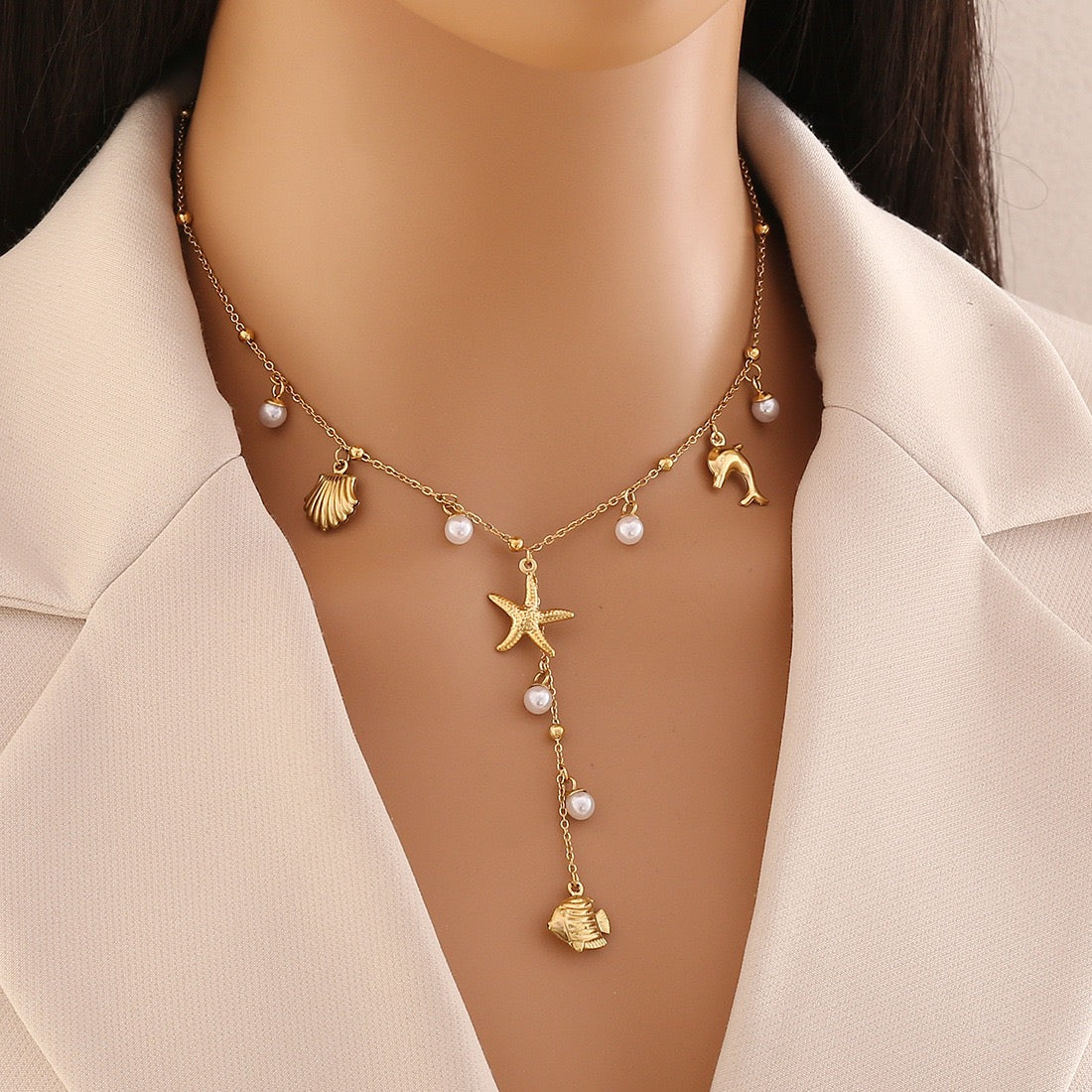 Starfish Shell Pearl Pendant Necklace