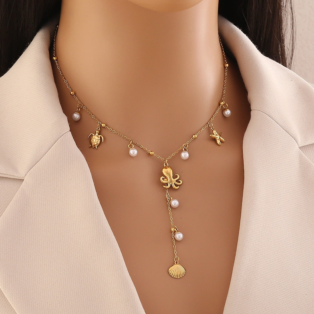 Starfish Shell Pearl Pendant Necklace