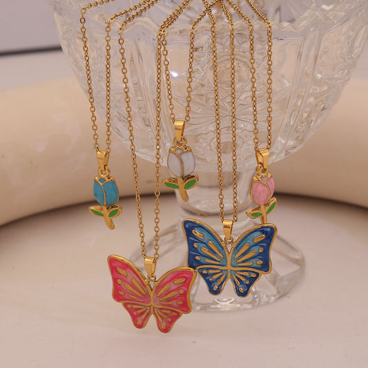 Enamel Butterfly & Tulip Pendant Necklace