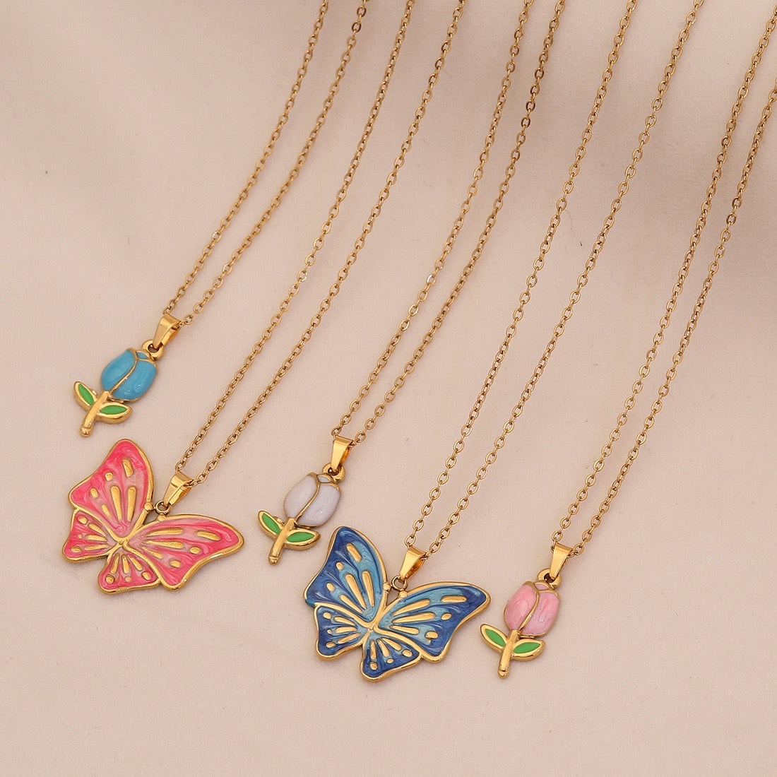 Enamel Butterfly & Tulip Pendant Necklace