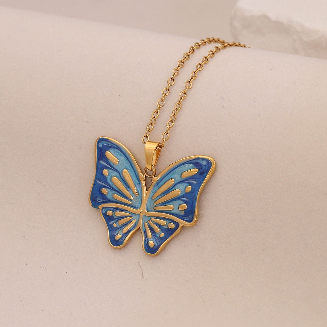 Enamel Butterfly & Tulip Pendant Necklace