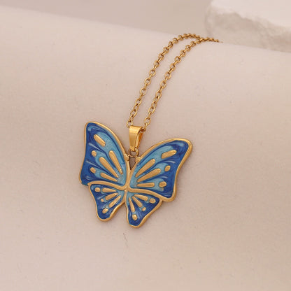Enamel Butterfly & Tulip Pendant Necklace
