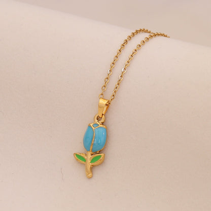 Enamel Butterfly & Tulip Pendant Necklace