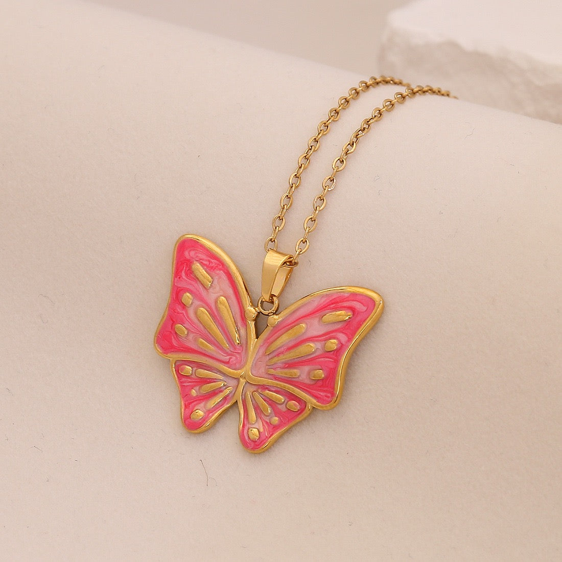 Enamel Butterfly & Tulip Pendant Necklace