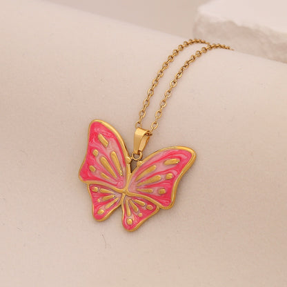 Enamel Butterfly & Tulip Pendant Necklace