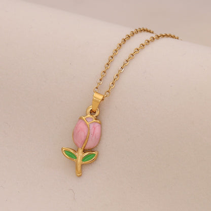 Enamel Butterfly & Tulip Pendant Necklace