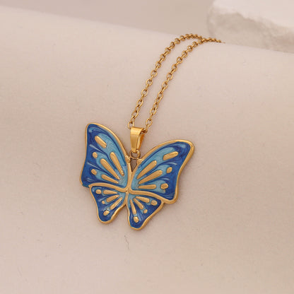 Enamel Butterfly & Tulip Pendant Necklace