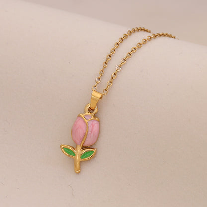 Enamel Butterfly & Tulip Pendant Necklace