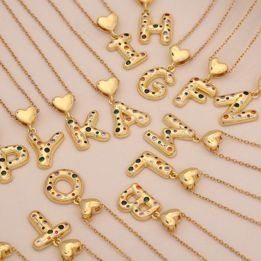 Colourful Zircon Heart Letter Necklace