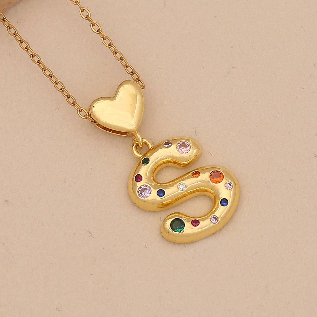 Colourful Zircon Heart Letter Necklace