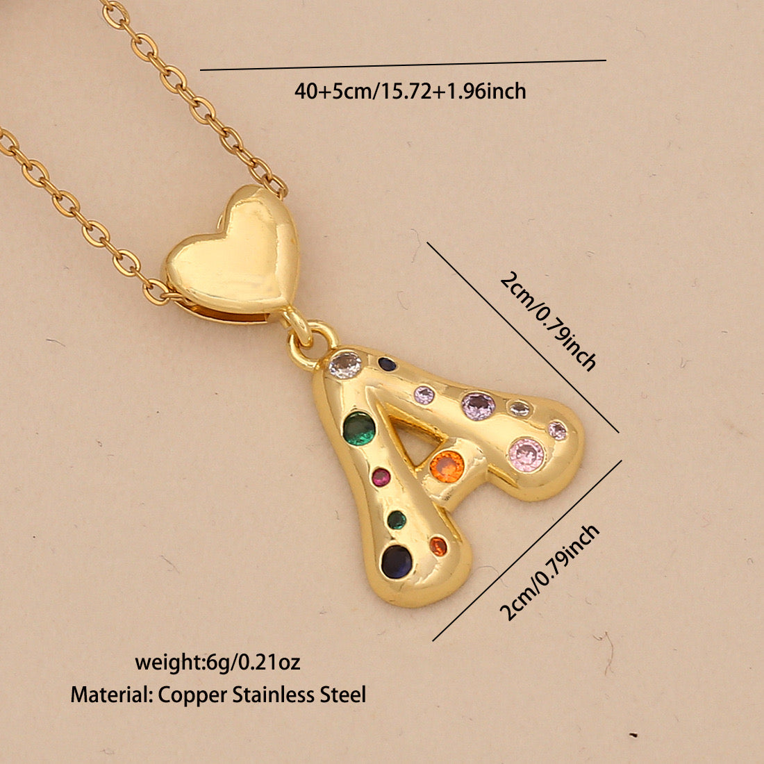 Colourful Zircon Heart Letter Necklace
