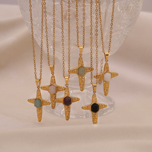 Natural Stone Cross Stainless Steel Necklace