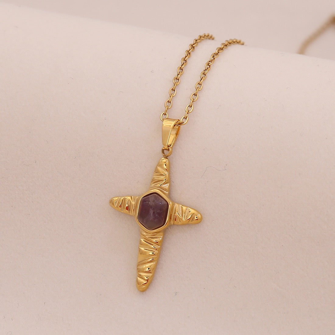 Natural Stone Cross Stainless Steel Necklace