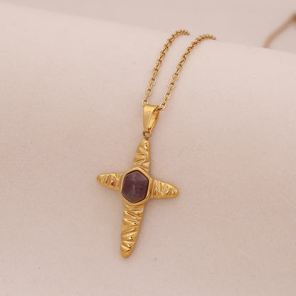 Natural Stone Cross Stainless Steel Necklace