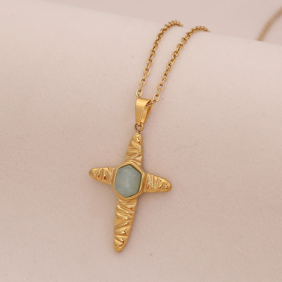 Natural Stone Cross Stainless Steel Necklace