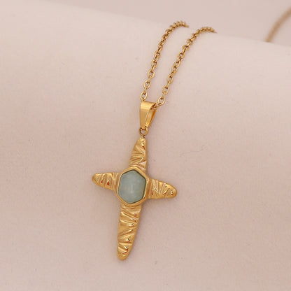Natural Stone Cross Stainless Steel Necklace