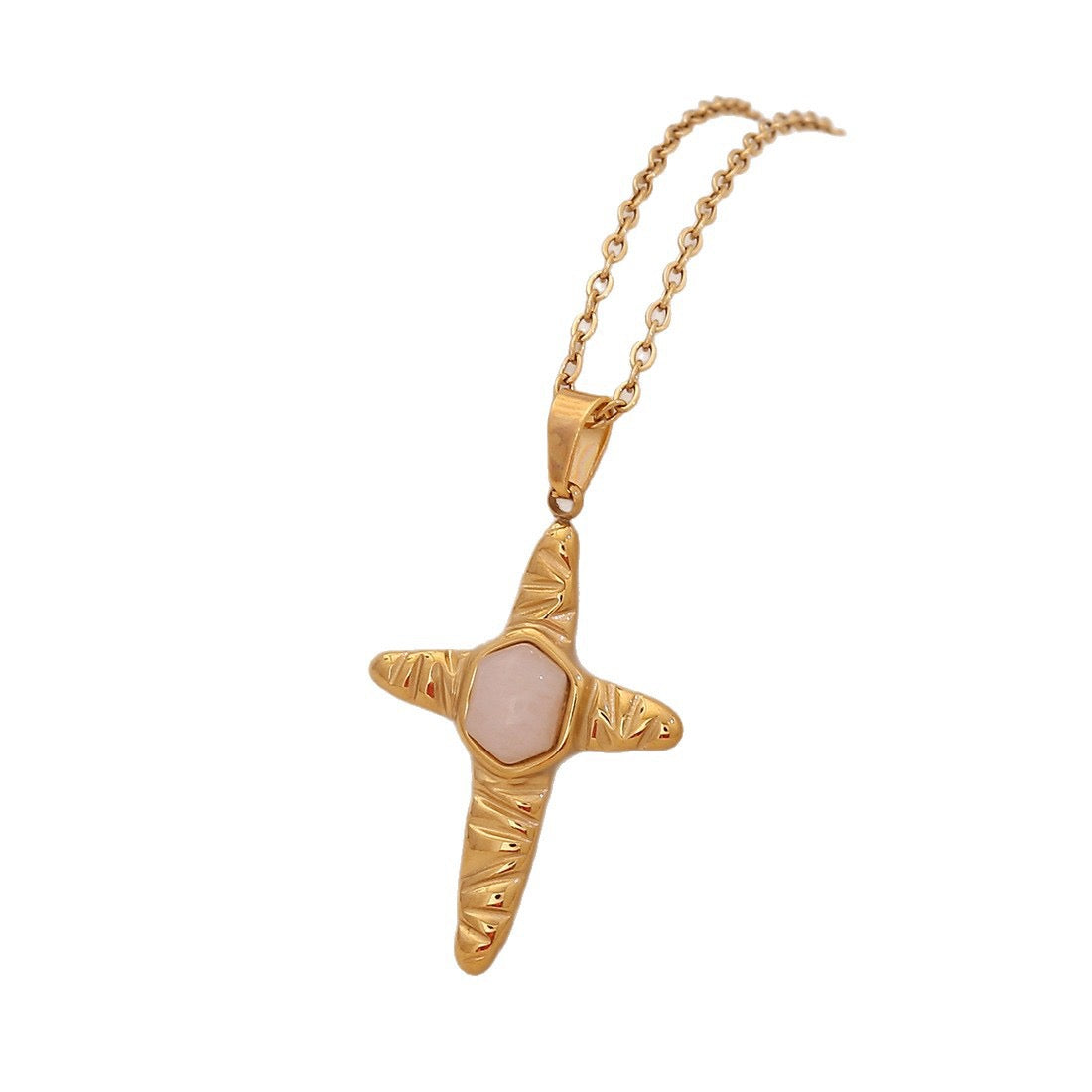 Natural Stone Cross Stainless Steel Necklace