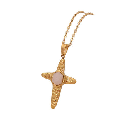 Natural Stone Cross Stainless Steel Necklace