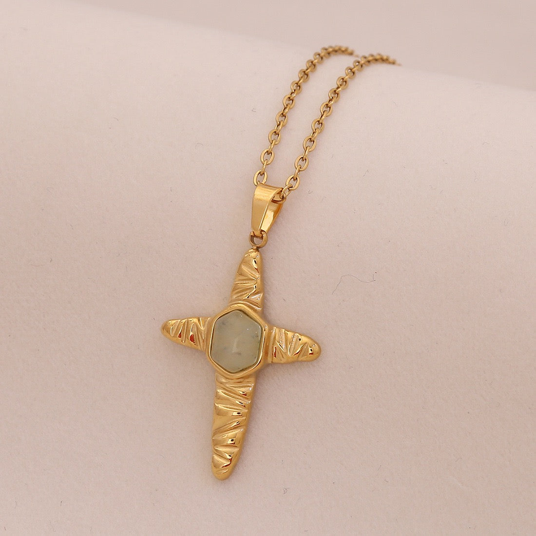 Natural Stone Cross Stainless Steel Necklace