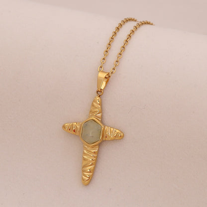 Natural Stone Cross Stainless Steel Necklace