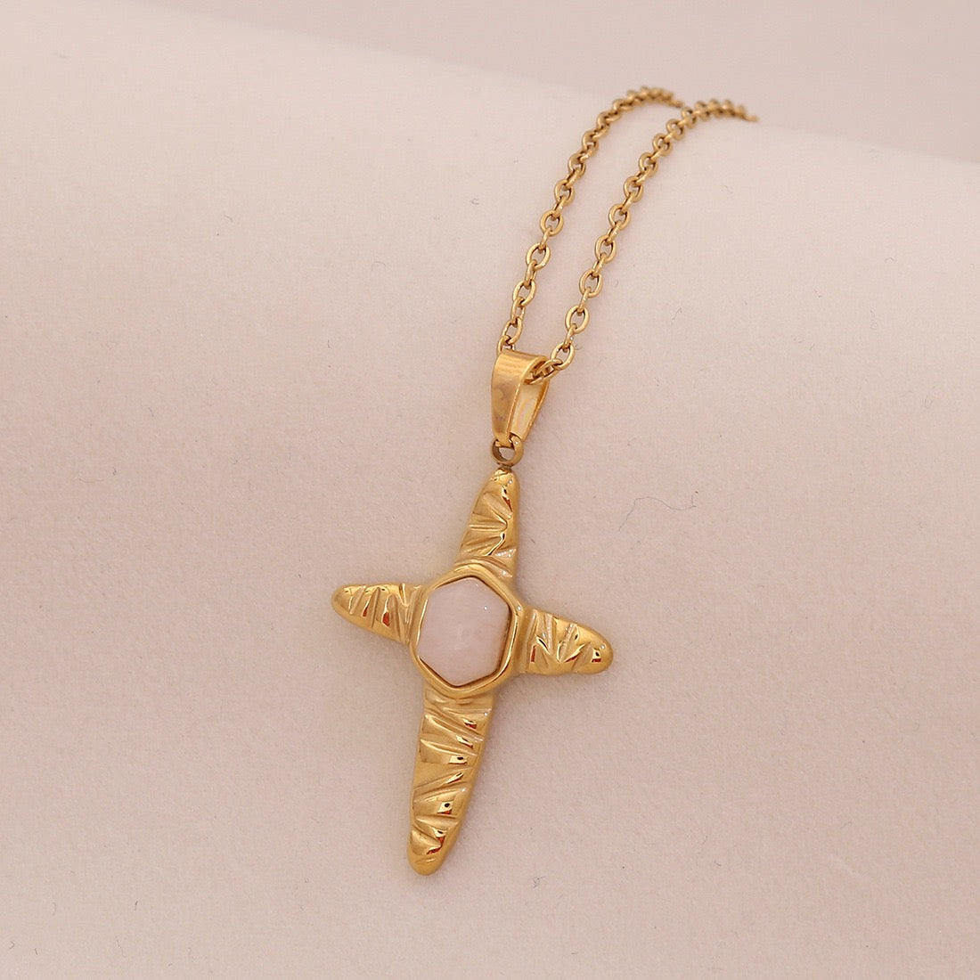 Natural Stone Cross Stainless Steel Necklace
