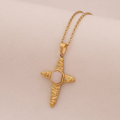 Natural Stone Cross Stainless Steel Necklace