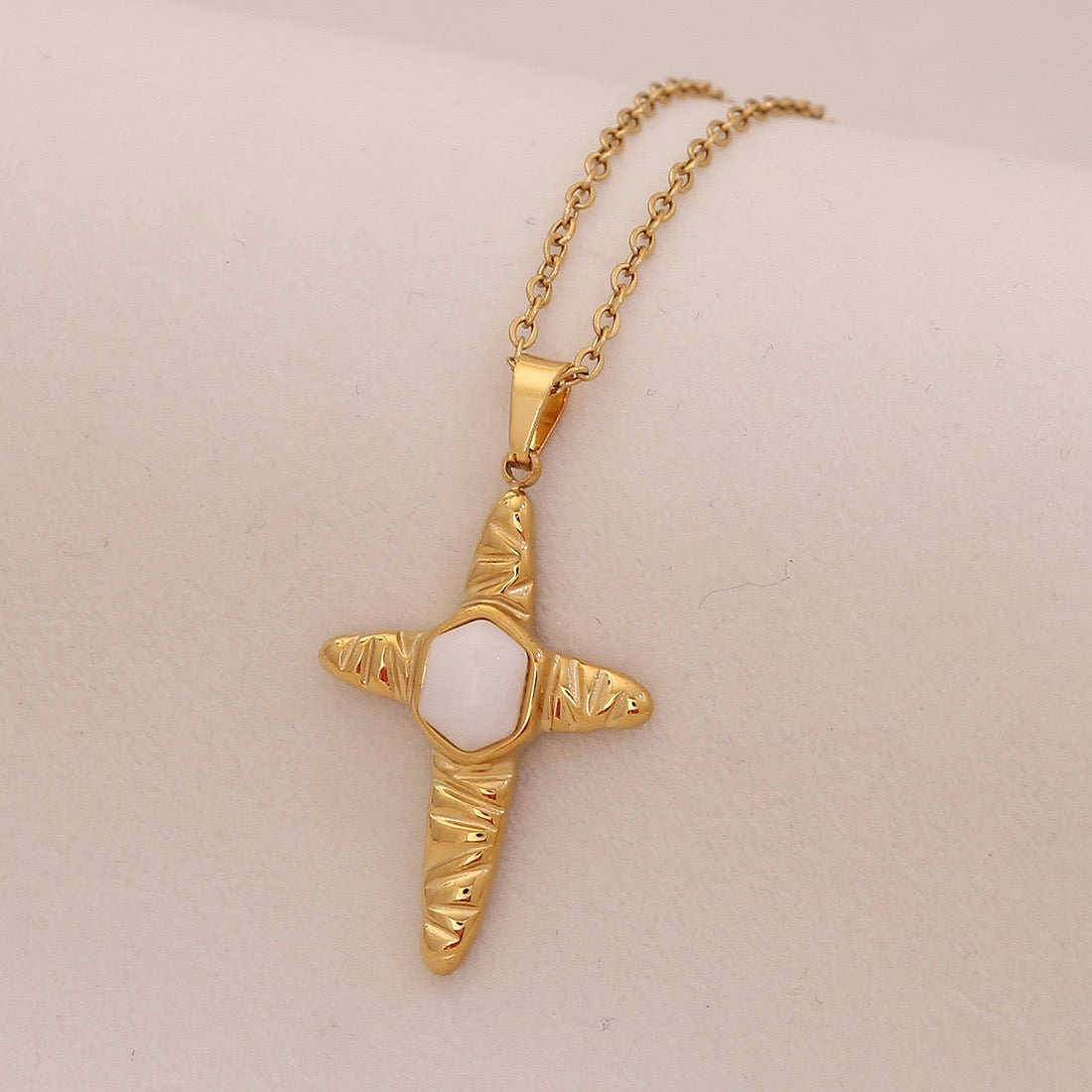 Natural Stone Cross Stainless Steel Necklace
