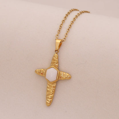 Natural Stone Cross Stainless Steel Necklace