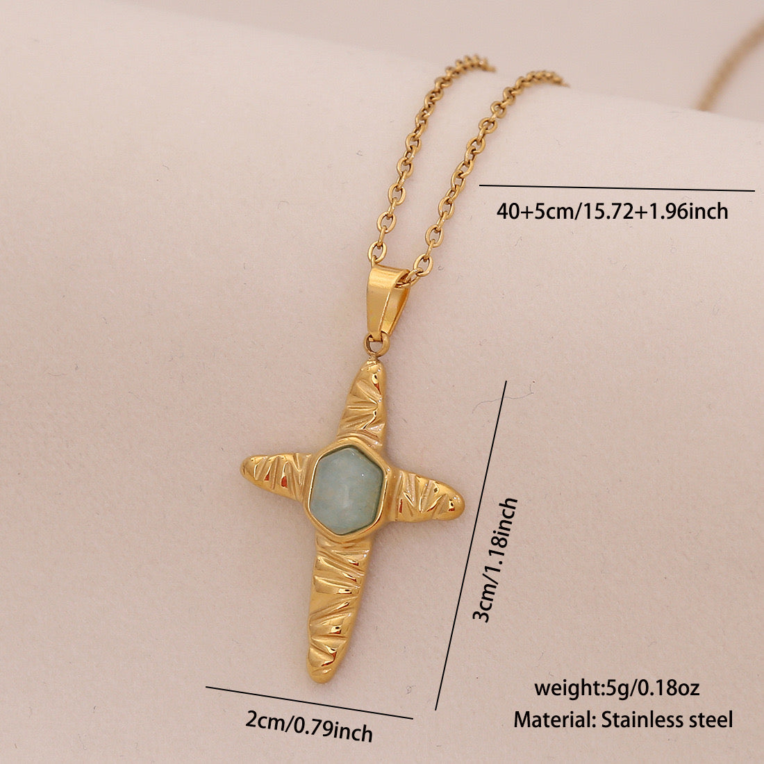 Natural Stone Cross Stainless Steel Necklace