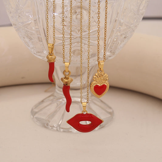 Red Lips & Chilli Pepper Stainless Steel Necklace