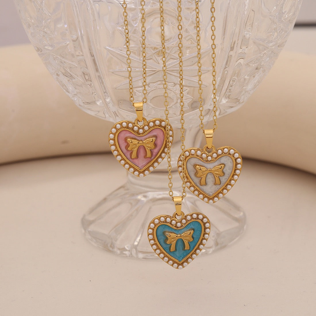 Vintage Heart & Pearl Bow Stainless Steel Necklace