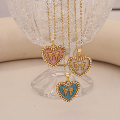 Vintage Heart & Pearl Bow Stainless Steel Necklace