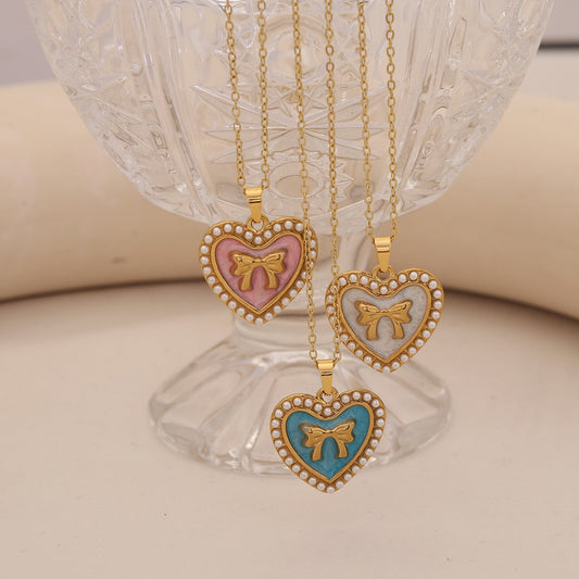 Vintage Heart & Pearl Bow Stainless Steel Necklace