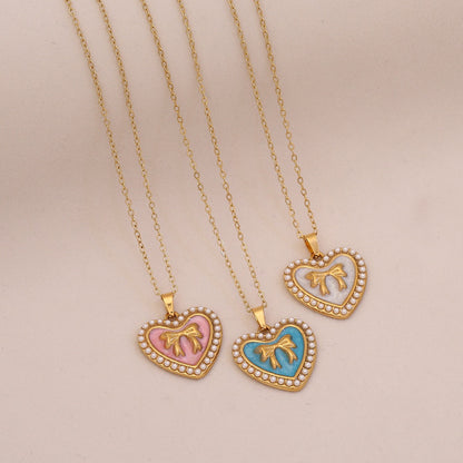 Vintage Heart & Pearl Bow Stainless Steel Necklace