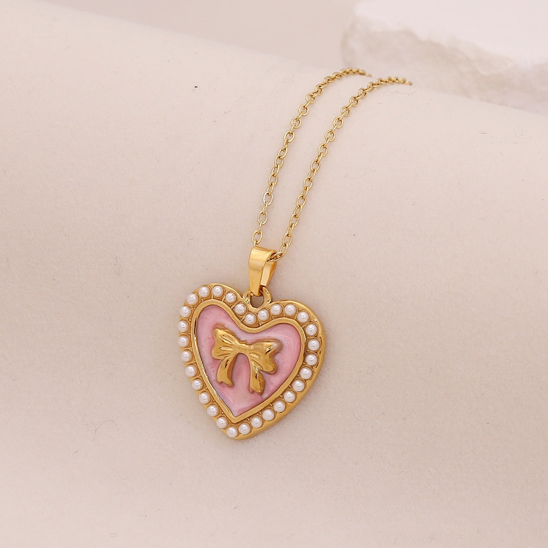Vintage Heart & Pearl Bow Stainless Steel Necklace