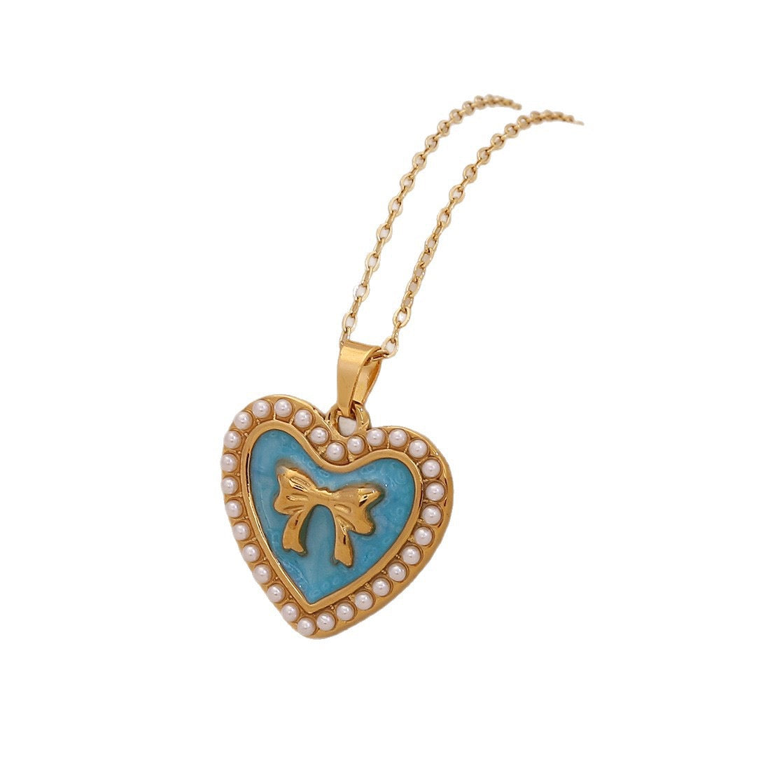 Vintage Heart & Pearl Bow Stainless Steel Necklace