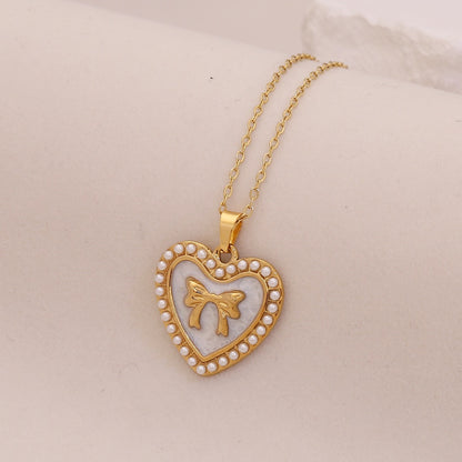 Vintage Heart & Pearl Bow Stainless Steel Necklace