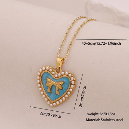 Vintage Heart & Pearl Bow Stainless Steel Necklace