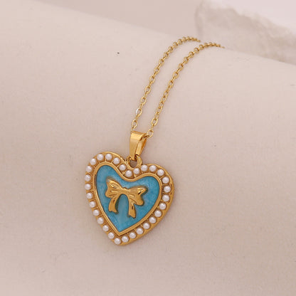 Vintage Heart & Pearl Bow Stainless Steel Necklace