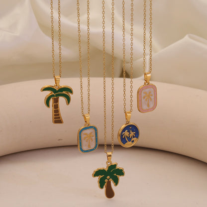 Enamel Palm Tree Beach Stainless Steel Necklace