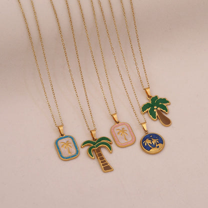 Enamel Palm Tree Beach Stainless Steel Necklace