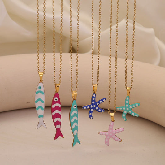 Enamel Starfish & Fish Multicolour Stainless Steel Necklace