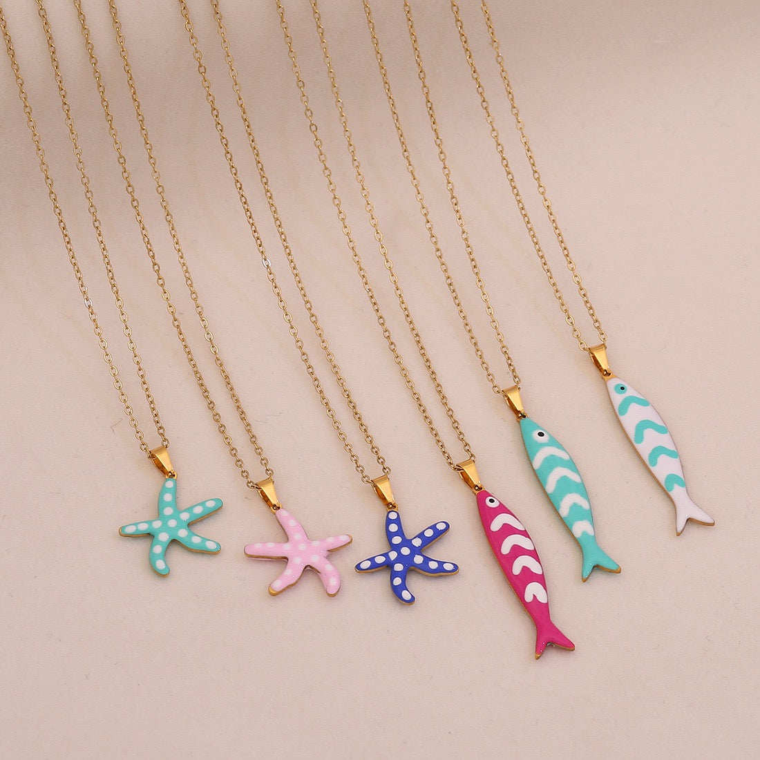 Enamel Starfish & Fish Multicolour Stainless Steel Necklace